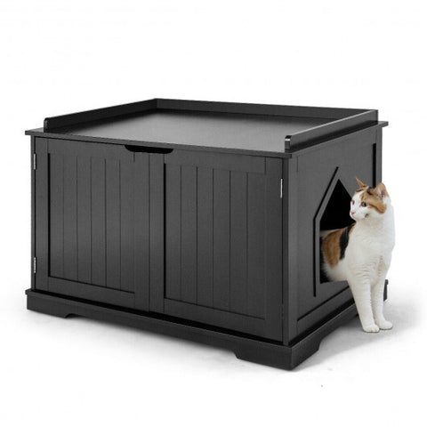 Cat Litter Box Enclosure with Double Doors for Large Cat and Kitty-Black - Color: Black