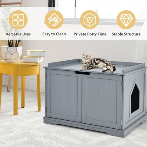Cat Litter Box Enclosure with Double Doors for Large Cat and Kitty-Gray - Color: Gray
