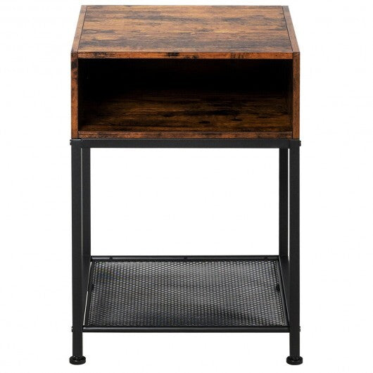 Industrial Nightstand End Side Table with Mesh Shelf