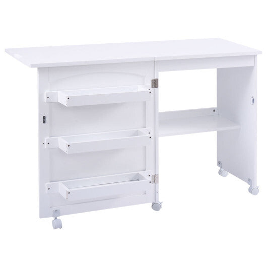 White Folding Swing Craft Table Storage Shelves Cabinet - Color: White