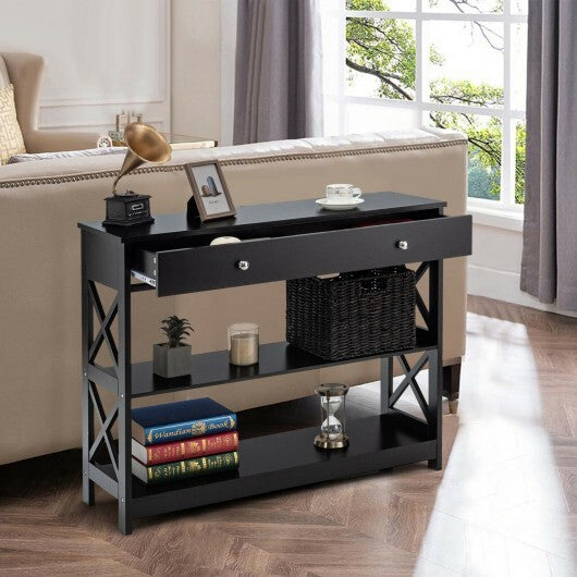 3-Tier Console Table with Drawers for Living Room Entryway-Black - Minihomy