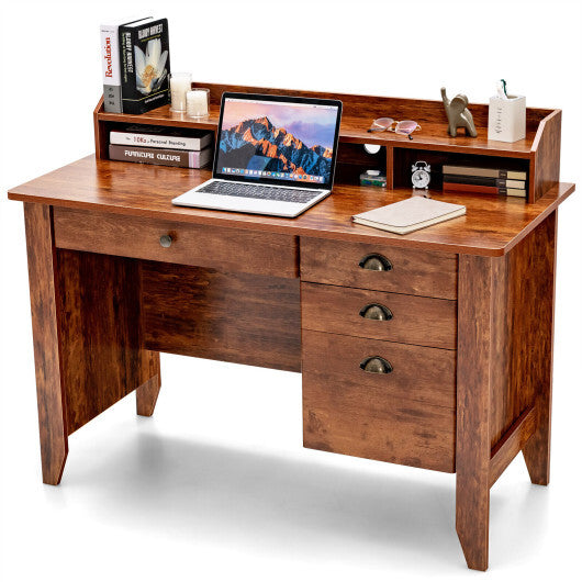 Vintage Computer Desk with Storage Shelves and 4 Drawers-Rustic Brown - Color: Rustic Brown