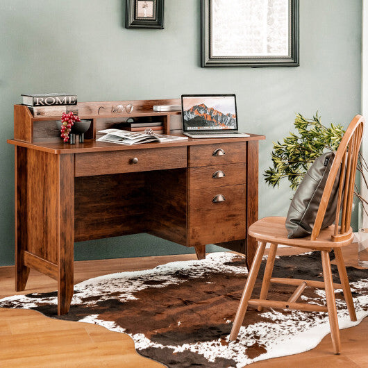 Vintage Computer Desk with Storage Shelves and 4 Drawers-Rustic Brown - Color: Rustic Brown