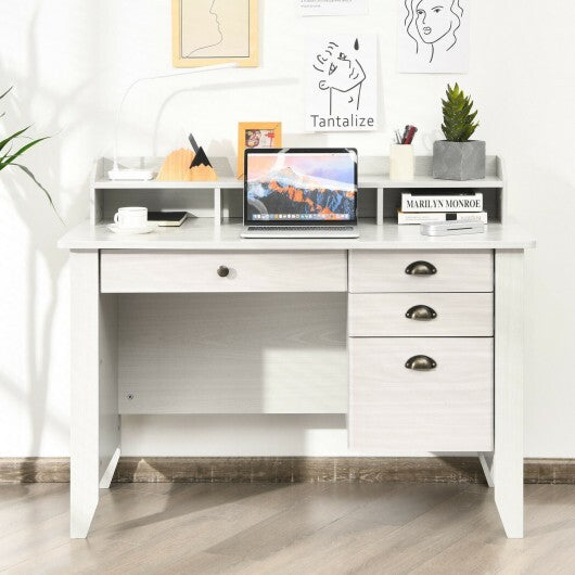 Vintage Computer Desk with Storage Shelves and 4 Drawers-White - Color: White