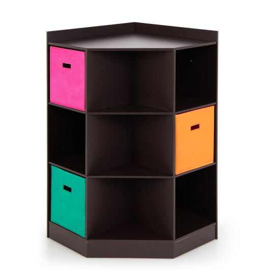 3-Tier Kids Storage Shelf Corner Cabinet with 3 Baskets-Brown - Color: Brown