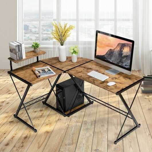 L-Shaped Desk Reversible Corner Computer Desk with Movable Shelf and CPU Stand-Rustic Brown - Color: Rustic Brown - Minihomy