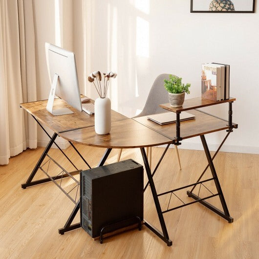 L-Shaped Desk Reversible Corner Computer Desk with Movable Shelf and CPU Stand-Rustic Brown - Color: Rustic Brown - Minihomy