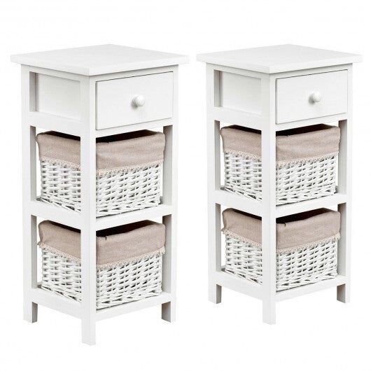 2 Pieces Bedroom Bedside End Table with Drawer Baskets-White