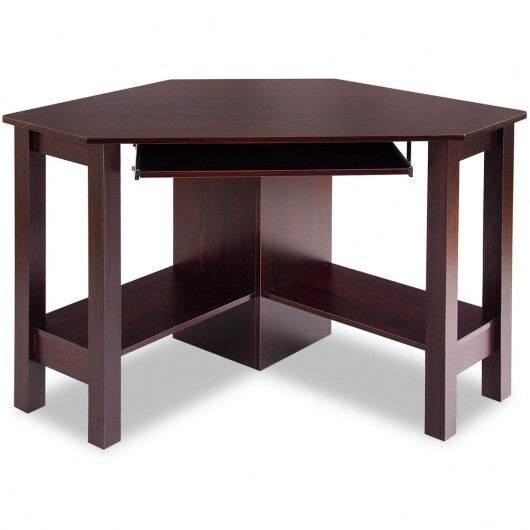 Wooden Study Computer Corner Desk with Drawer-Coffee - Color: Brown