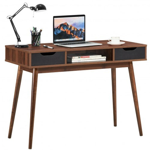 Stylish Computer Desk Workstation with 2 Drawers and Solid Wood Legs-Walnut - Color: Walnut