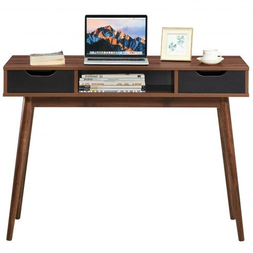 Stylish Computer Desk Workstation with 2 Drawers and Solid Wood Legs-Walnut - Color: Walnut