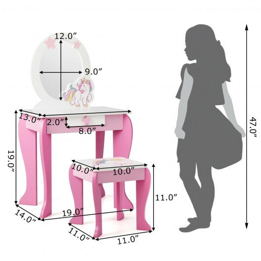 Kids Wooden Makeup Dressing Table and Chair Set with Mirror and Drawer - Color: Pink - Minihomy