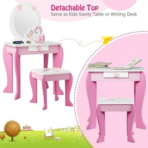 Kids Wooden Makeup Dressing Table and Chair Set with Mirror and Drawer - Color: Pink