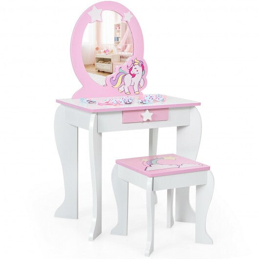 Kids Wooden Makeup Dressing Table and Chair Set with Mirror and Drawer-White - Color: White