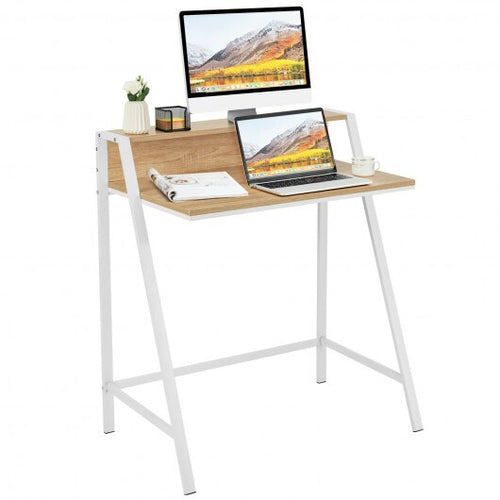 2 Tier Computer Desk PC Laptop Table Study Writing Home Office Workstation New-Natural - Color: Natural