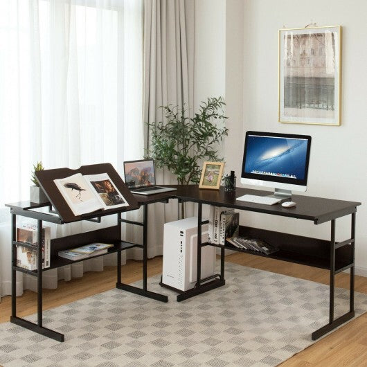 L-Shaped Computer Desk with Tiltable Tabletop-Brown - Color: Brown - Minihomy