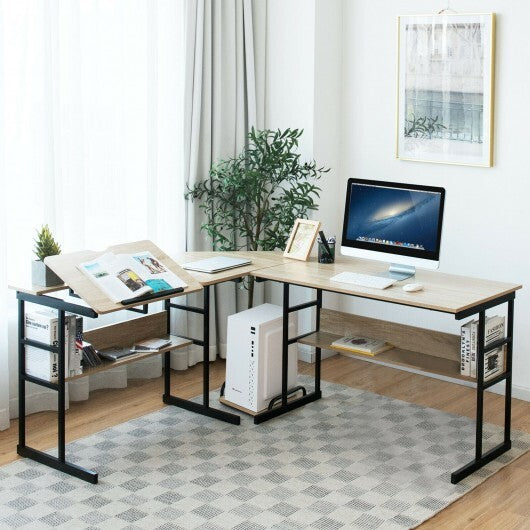 L-Shaped Computer Desk with Tiltable Tabletop-Natural - Color: Natural - Minihomy