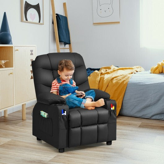 PU Leather Kids Recliner Chair with Cup Holders and Side Pockets-Black - Color: Black