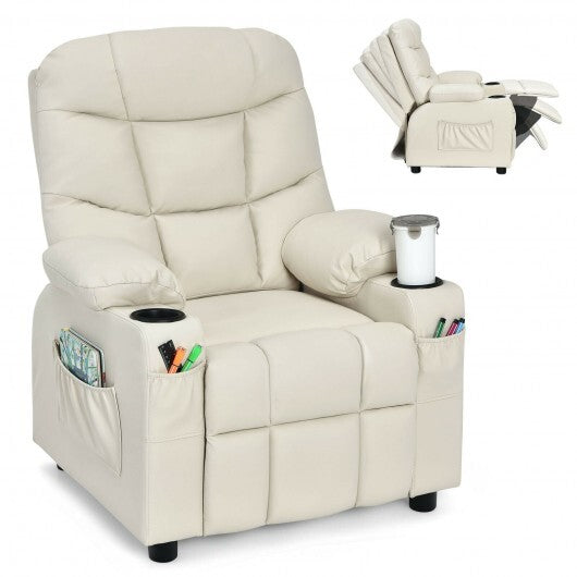 PU Leather Kids Recliner Chair with Cup Holders and Side Pockets-Beige - Color: Beige