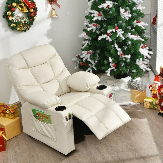 PU Leather Kids Recliner Chair with Cup Holders and Side Pockets-Beige - Color: Beige