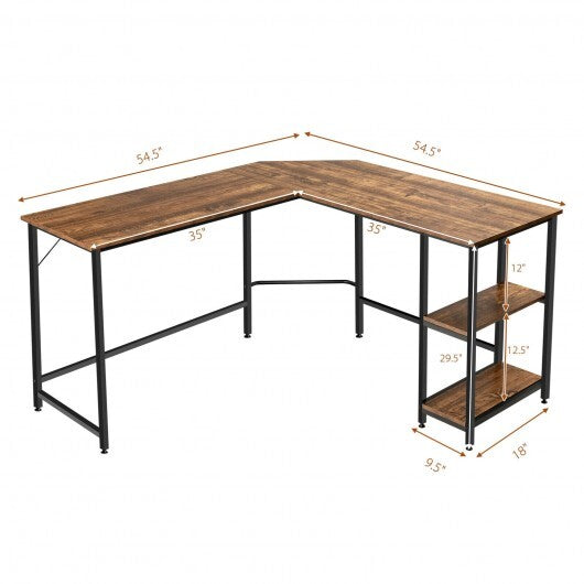 L Shaped Computer Desk with 2 Outlets and 2 USB Ports-Brown - Color: Brown - Minihomy