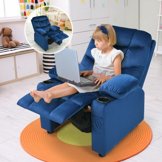 Kids PU Leather/Velvet Fabric Kids Recliner Chair with Cup Holders-Light Blue - Color: Light Blue