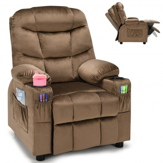 Kids PU Leather/Velvet Fabric Kids Recliner Chair with Cup Holders-Light Brown - Color: Light Brown - Minihomy