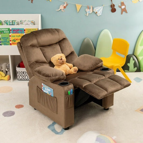 Kids PU Leather/Velvet Fabric Kids Recliner Chair with Cup Holders-Light Brown - Color: Light Brown