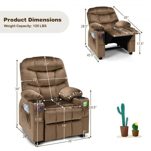 Kids PU Leather/Velvet Fabric Kids Recliner Chair with Cup Holders-Light Brown - Color: Light Brown