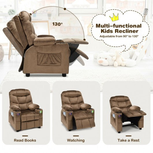 Kids PU Leather/Velvet Fabric Kids Recliner Chair with Cup Holders-Light Brown - Color: Light Brown - Minihomy