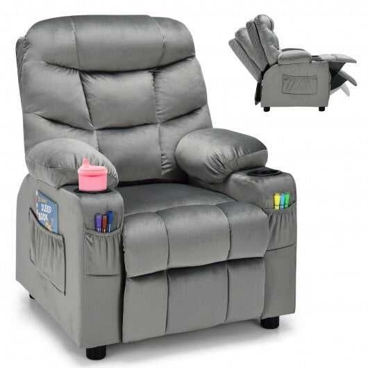 Kids PU Leather/Velvet Fabric Kids Recliner Chair with Cup Holders-Light Gray - Color: Light Gray