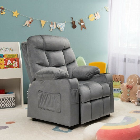 Kids PU Leather/Velvet Fabric Kids Recliner Chair with Cup Holders-Light Gray - Color: Light Gray