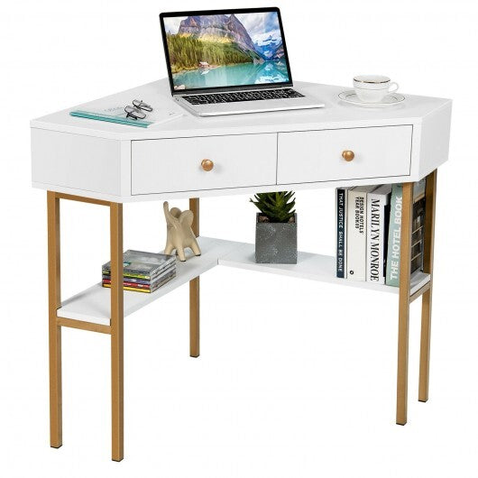 Space Saving Corner Computer Desk with 2 Large Drawers and Storage Shelf-White - Color: White