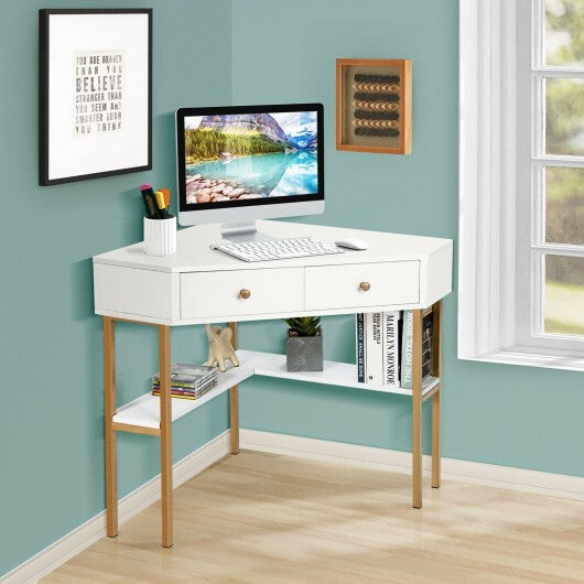 Space Saving Corner Computer Desk with 2 Large Drawers and Storage Shelf-White - Color: White