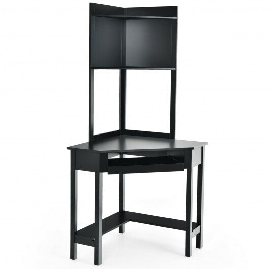 Corner Computer Desk with Hutch and Storage Shelves-Black - Color: Black