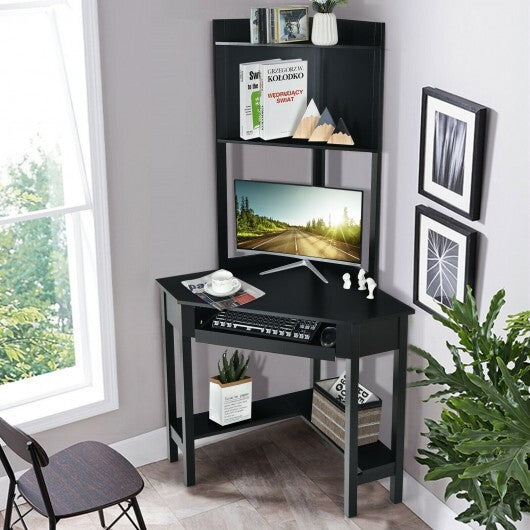 Corner Computer Desk with Hutch and Storage Shelves-Black - Color: Black