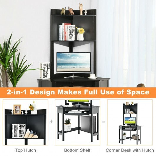 Corner Computer Desk with Hutch and Storage Shelves-Black - Minihomy