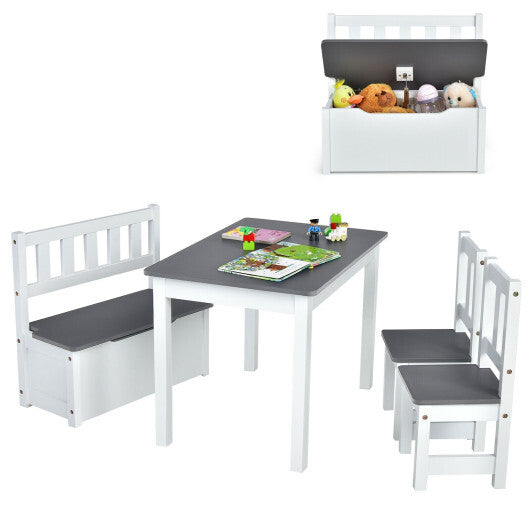 4 Pieces Kids Wooden Activity Table and Chairs Set with Storage Bench and Study Desk-Gray - Color: Gray