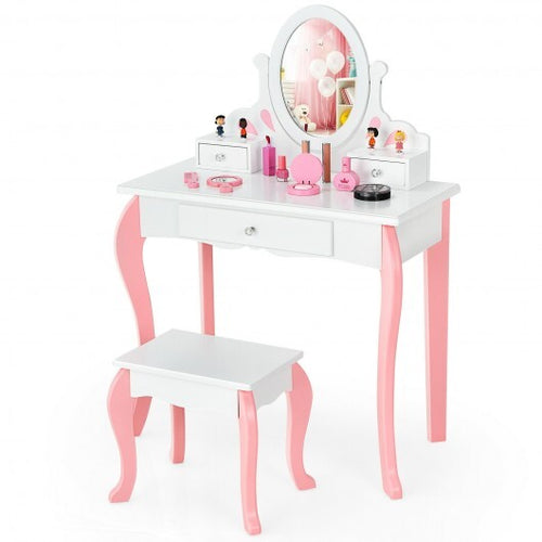 Kids Vanity Princess Makeup Dressing Table Stool Set with Mirror and Drawer-White - Color: White