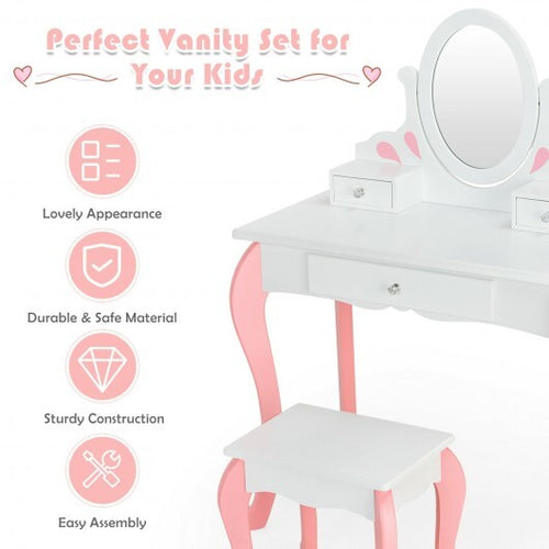 Kids Vanity Princess Makeup Dressing Table Stool Set with Mirror and Drawer-White - Color: White