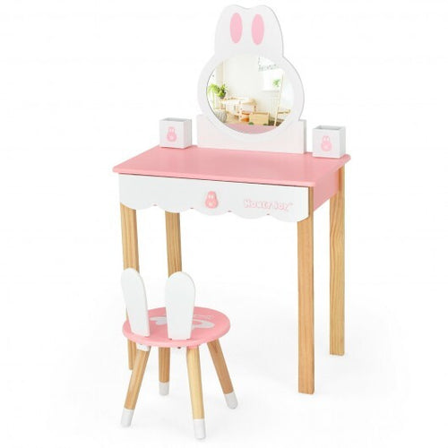 Kids Vanity Set Rabbit Makeup Dressing Table Chair Set with Mirror and Drawer-Pink - Color: Pink