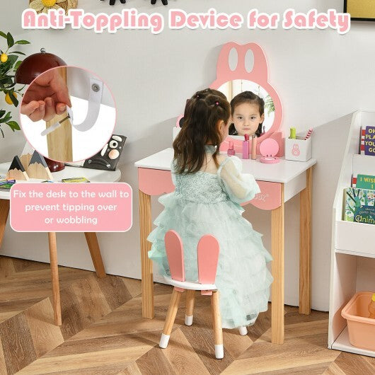 Kids Vanity Set Rabbit Makeup Dressing Table Chair Set with Mirror and Drawer-Pink - Minihomy