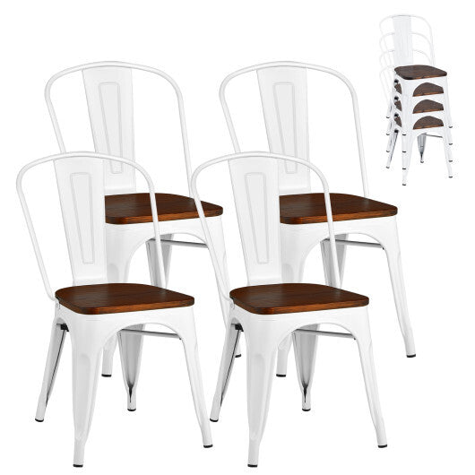 Set of 4 Tolix Style Metal Dining Wood Seat-White