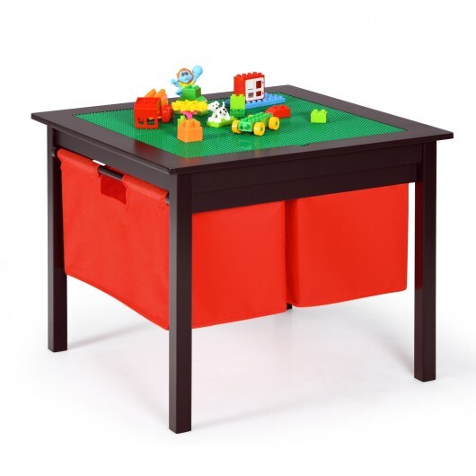 2-in-1 Kids Activity Table and 2 Chairs Set with Storage Building Block Table-Espresso - Color: Dark Brown