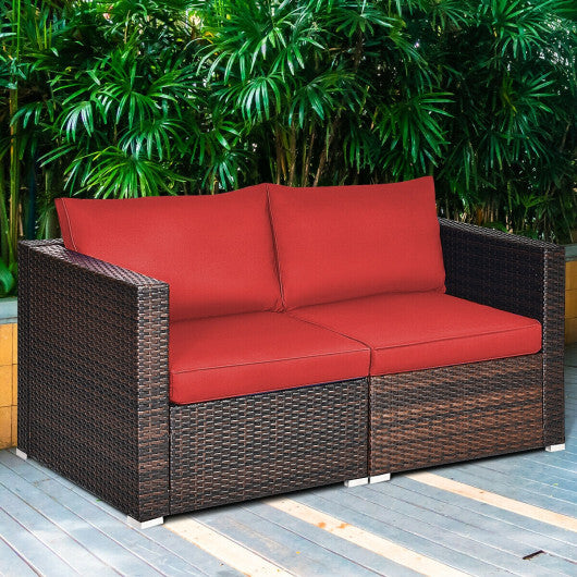 2PCS Patio Rattan Sectional Conversation Sofa Set-Red - Color: Red - Minihomy