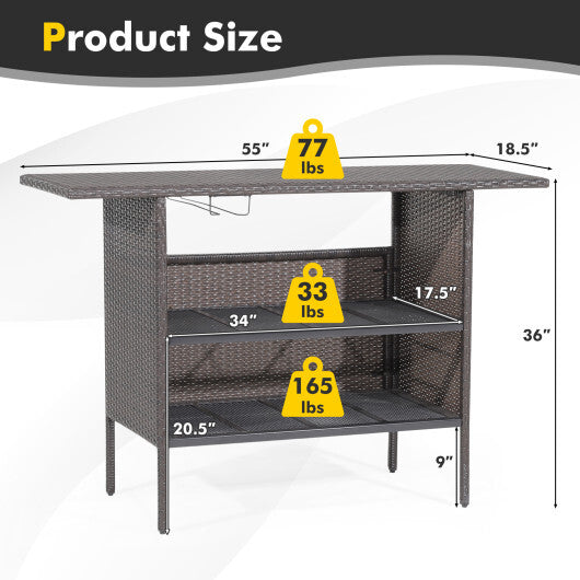 Outdoor Wicker Bar Table with 2 Metal Mesh Shelves - Minihomy