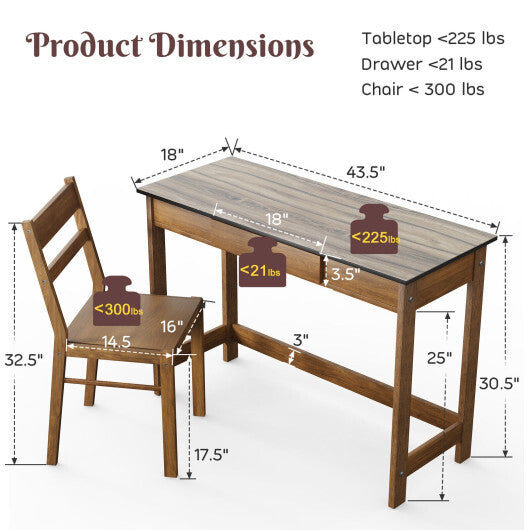 Kids Desk and Chair Set with Drawer-Walnut - Minihomy