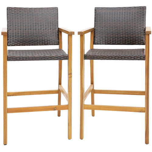 Set of 2 PE Wicker Patio Bar Chairs with Acacia Wood Armrests-Set of 2