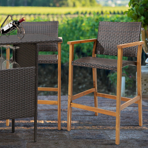 Set of 2 PE Wicker Patio Bar Chairs with Acacia Wood Armrests-Set of 2
