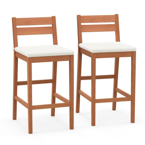 Set of 2 Outdoor Wood Barstools with Soft Seat Cushion-Off White